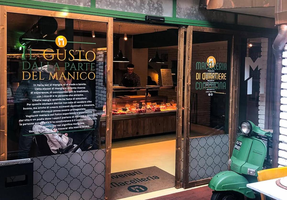 Exterior of a Milan café and pastry shop with outdoor seating