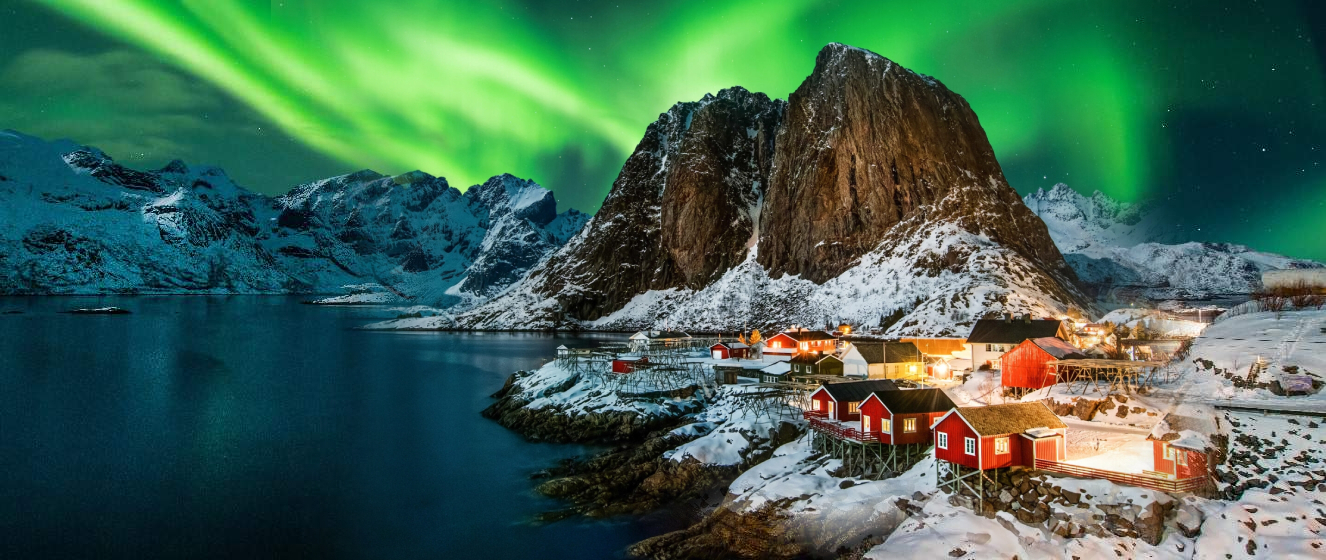 Aurora borealis over Hamnoy in Norway